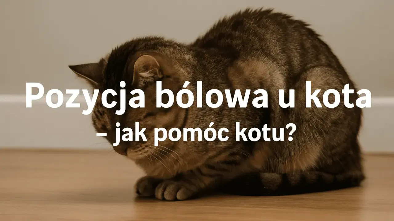 Kot w pozycji bólowej, skulony, z opuszczoną głową. Tekst: "Pozycja bólowa u kota – jak pomóc kotu?".