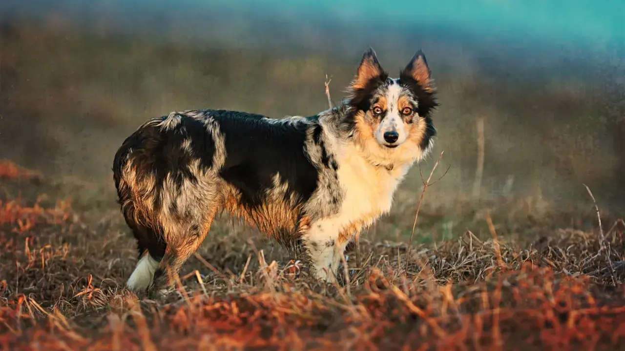 Piękny border collie australijski w naturalnym otoczeniu, z błyszczącymi oczami i charakterystycznym umaszczeniem.