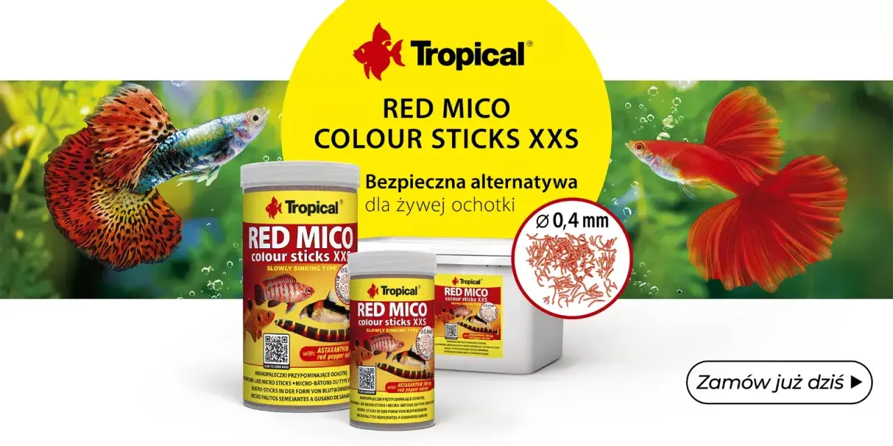 FMC dla ryb Tropical Red Mico Colour Sticks XXS – bezpieczna alternatywa dla żywej ochotki. Intensywne kolory ryb gupików.