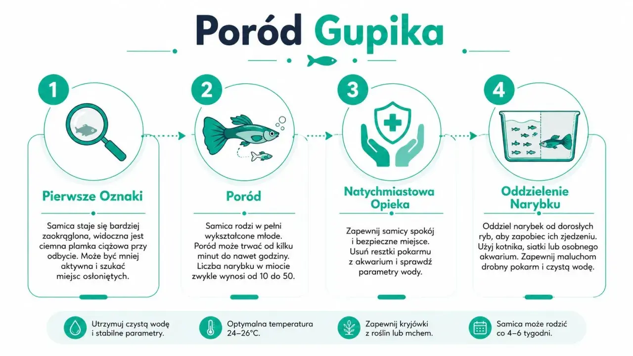 Ilustracja przedstawia etapy porodu gupika: pierwsze oznaki, sam poród, opiekę nad samicą i oddzielenie narybku.