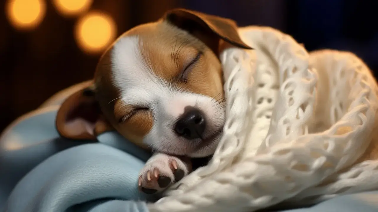 Słodki szczeniak jack russell terrier śpi zwinięty w ciepły, biały koc.