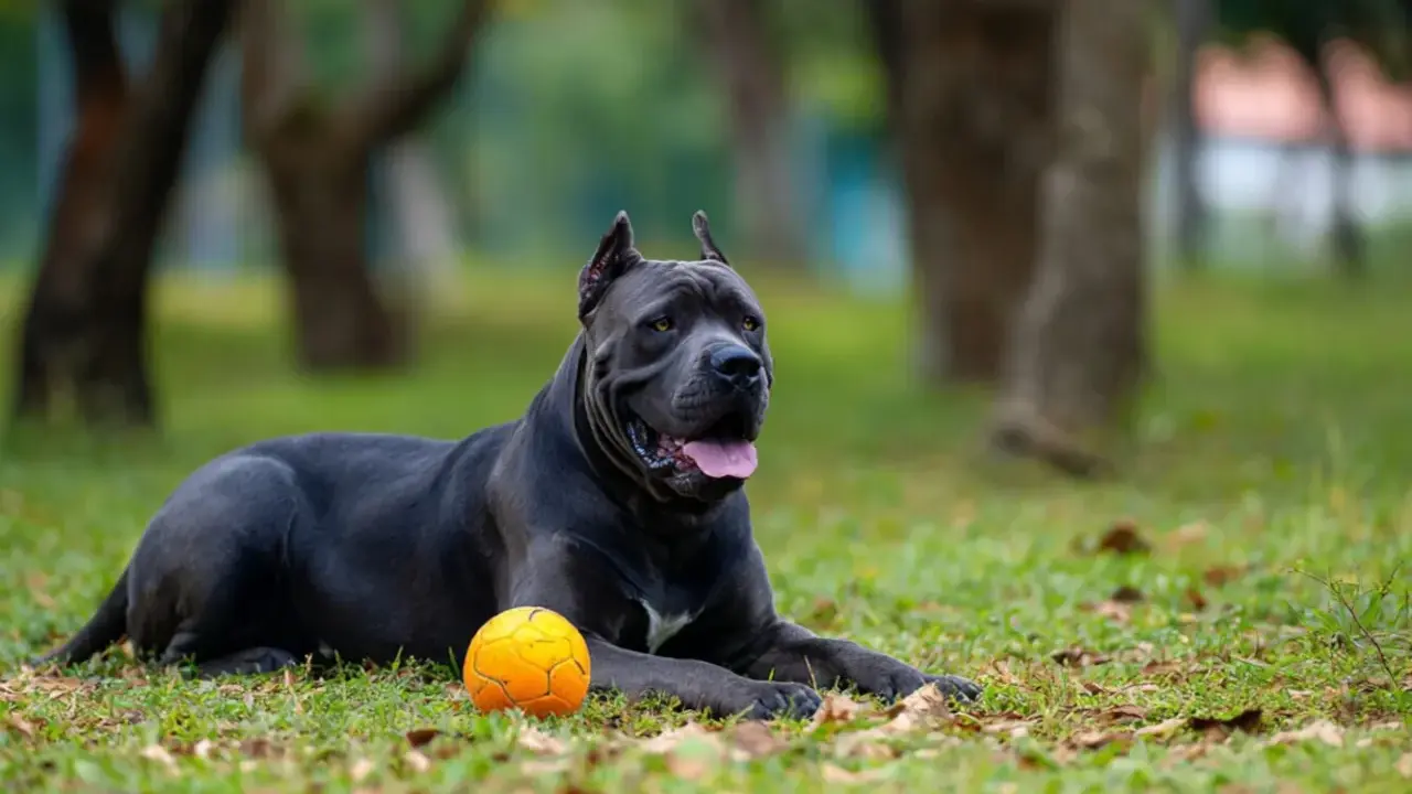 Potężny pies rasy cane corso z charakterystycznymi uszami leży na trawie obok pomarańczowej piłki, gotowy do zabawy.