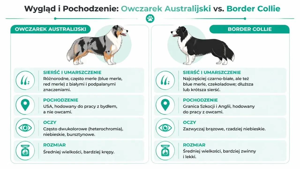 Porównanie owczarka australijskiego i border collie: sierść, pochodzenie, oczy i rozmiar.