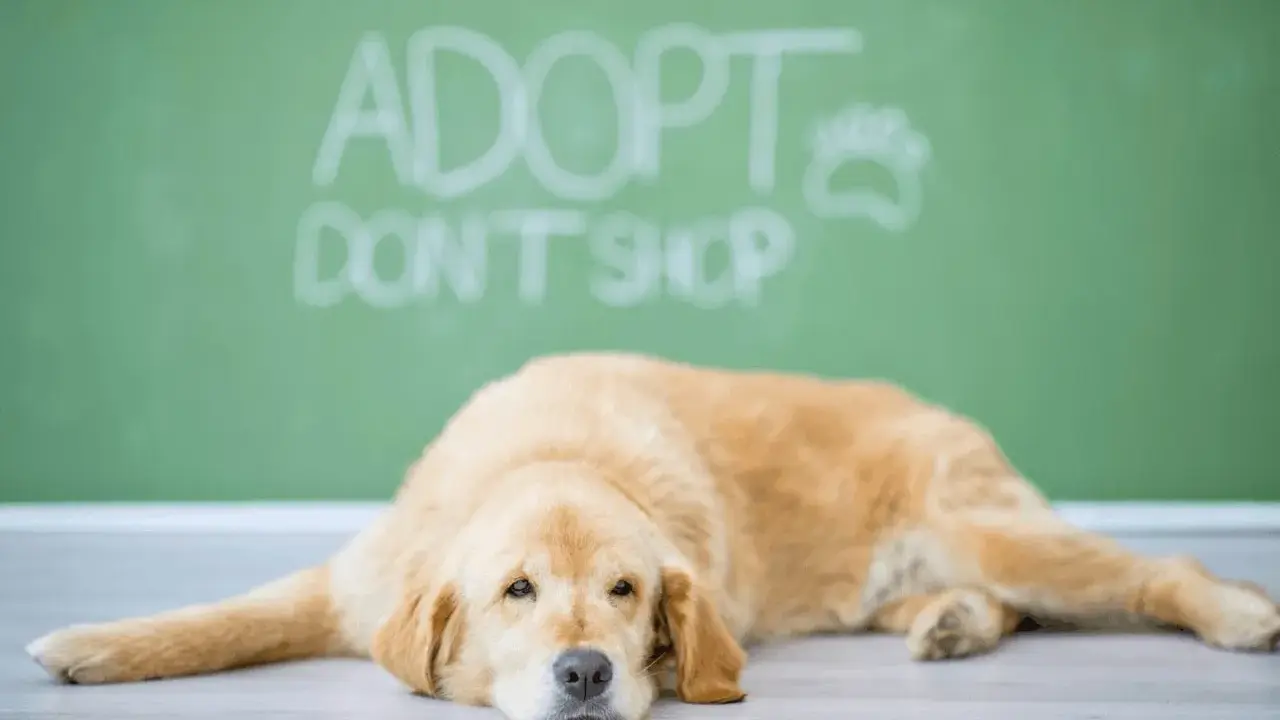 Lękliwy pies ze schroniska leży na podłodze, a za nim napis "Adoptuj, nie kupuj".