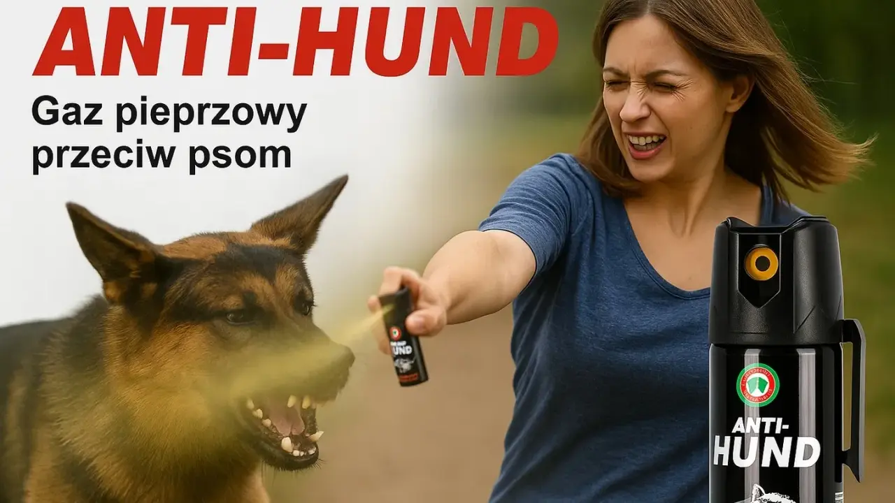 Kobieta używa gazu pieprzowego na agresywnego psa. Czy gaz pieprzowy działa na psy? Tak, skutecznie odstrasza.