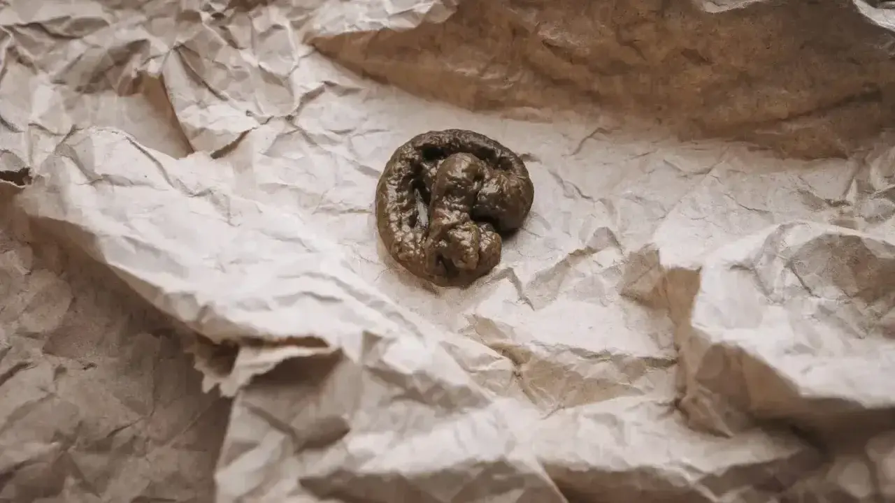 Kupa kota z widoczną krwią w kale. Zmarszczony papier w tle.