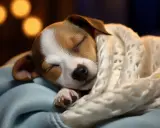 Słodki szczeniak jack russell terrier śpi zwinięty w ciepły, biały koc.