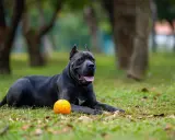 Potężny pies rasy cane corso z charakterystycznymi uszami leży na trawie obok pomarańczowej piłki, gotowy do zabawy.