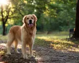 Golden retriever usposobienie: radosny piesek w parku, z językiem na wierzchu, cieszy się słońcem.