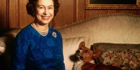 Królowa Elżbieta uśmiecha się, siedząc obok swojego wiernego psa rasy corgi.