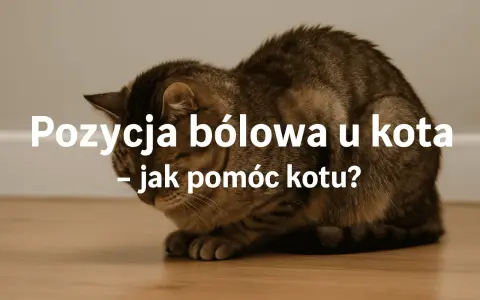 Kot w pozycji bólowej, skulony, z opuszczoną głową. Tekst: "Pozycja bólowa u kota – jak pomóc kotu?".