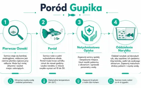 Ilustracja przedstawia etapy porodu gupika: pierwsze oznaki, sam poród, opiekę nad samicą i oddzielenie narybku.