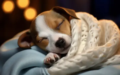 Słodki szczeniak jack russell terrier śpi zwinięty w ciepły, biały koc.