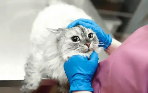 Wet, fluffy cat with wide eyes looks worried as vet checks for lupiez u kota.