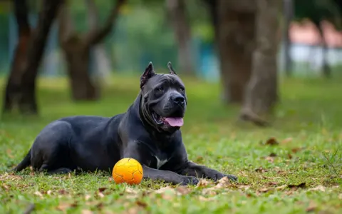 Potężny pies rasy cane corso z charakterystycznymi uszami leży na trawie obok pomarańczowej piłki, gotowy do zabawy.
