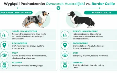 Porównanie owczarka australijskiego i border collie: sierść, pochodzenie, oczy i rozmiar.