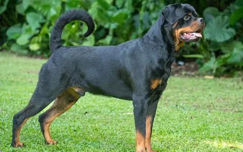 Potężny rottweiler z charakterystycznym czarnym umaszczeniem i rudymi znaczeniami, stoi na trawie.