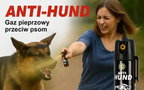 Kobieta używa gazu pieprzowego na agresywnego psa. Czy gaz pieprzowy działa na psy? Tak, skutecznie odstrasza.