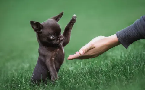 Mały, brązowy chihuahua podaje łapkę wyciągniętej dłoni. Widać, jak wygląda chihuahua – malutki piesek z wielkimi uszami.
