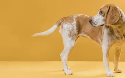 Pies beagle, z brązowo-białym umaszczeniem, zaciekle gryzie swój ogon na żółtym tle.