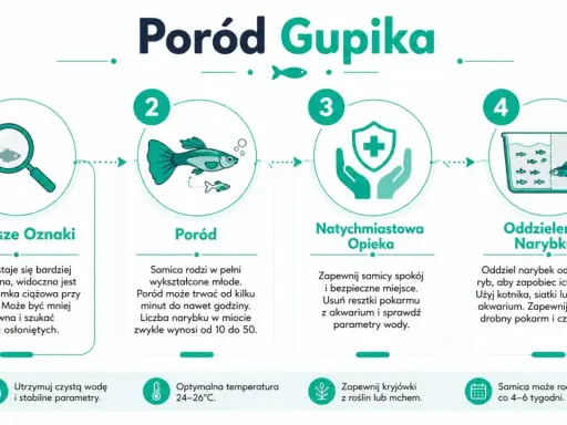 Ilustracja przedstawia etapy porodu gupika: pierwsze oznaki, sam poród, opiekę nad samicą i oddzielenie narybku.