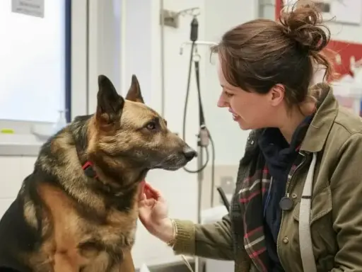Weterynarz głaszcze owczarka niemieckiego, badając jego stan zdrowia. Może to być związane z badaniem poziomu lipazy u psa.