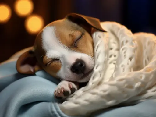 Słodki szczeniak jack russell terrier śpi zwinięty w ciepły, biały koc.