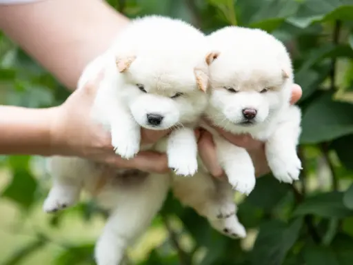 Dwa białe szczenięta rasy shiba inu z rudawymi uszkami, trzymane w dłoniach na tle zieleni.