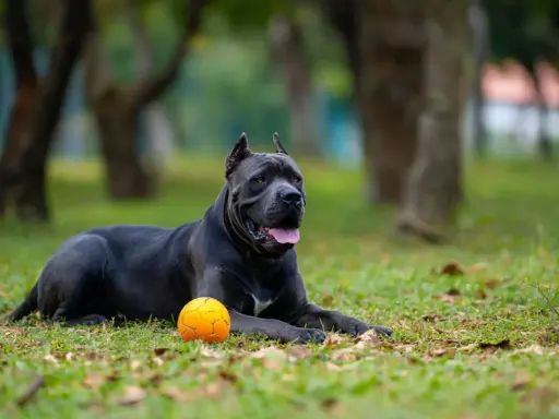 Potężny pies rasy cane corso z charakterystycznymi uszami leży na trawie obok pomarańczowej piłki, gotowy do zabawy.