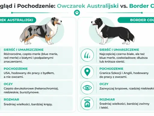 Porównanie owczarka australijskiego i border collie: sierść, pochodzenie, oczy i rozmiar.