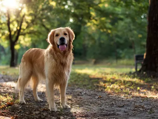 Golden retriever usposobienie: radosny piesek w parku, z językiem na wierzchu, cieszy się słońcem.