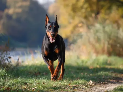 Czarny doberman biegnie przez trawiasty teren. Zastanawiasz się, ile żyje doberman?
