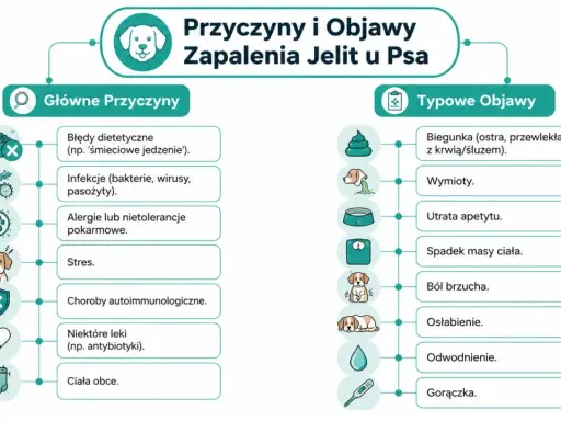 Schemat przedstawia przyczyny zapalenia jelit u psa: błędy dietetyczne, infekcje, alergie, stres, choroby autoimmunologiczne, leki, ciała obce. Objawy to biegunka, wymioty, utrata apetytu, spadek masy ciała, ból brzucha, osłabienie, odwodnienie, gorączka.