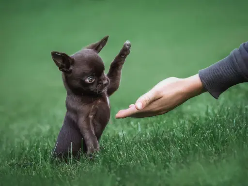 Mały, brązowy chihuahua podaje łapkę wyciągniętej dłoni. Widać, jak wygląda chihuahua – malutki piesek z wielkimi uszami.