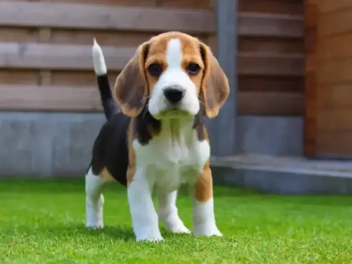 Uroczy szczeniak beagle, idealny pies dla dzieci, stoi na zielonej trawie.