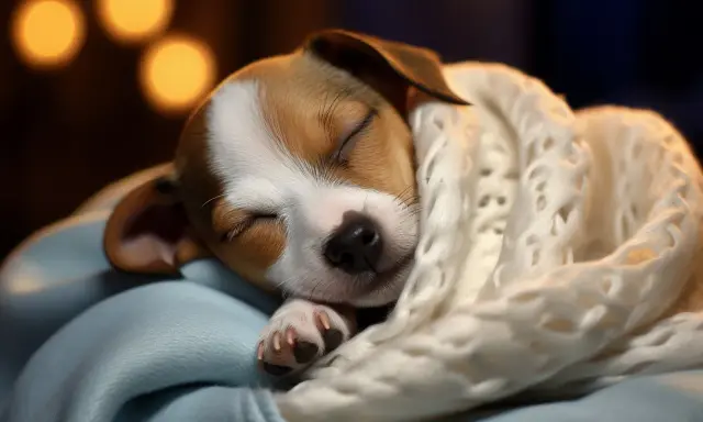 Słodki szczeniak jack russell terrier śpi zwinięty w ciepły, biały koc.