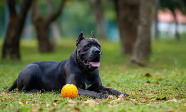 Potężny pies rasy cane corso z charakterystycznymi uszami leży na trawie obok pomarańczowej piłki, gotowy do zabawy.