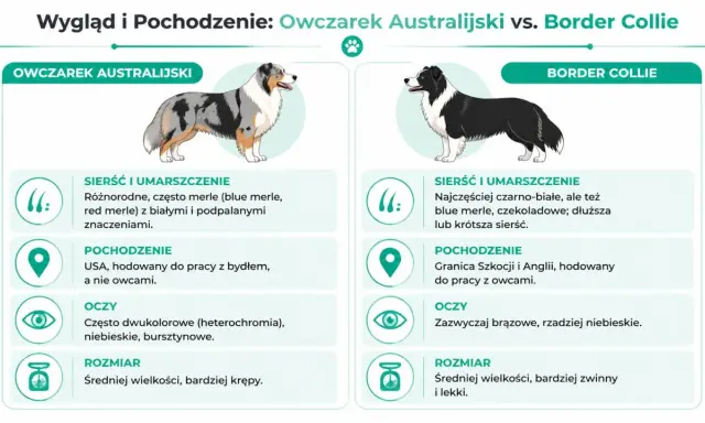 Porównanie owczarka australijskiego i border collie: sierść, pochodzenie, oczy i rozmiar.