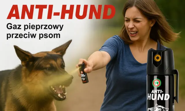 Kobieta używa gazu pieprzowego na agresywnego psa. Czy gaz pieprzowy działa na psy? Tak, skutecznie odstrasza.