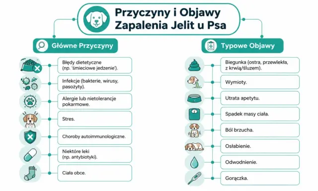 Schemat przedstawia przyczyny zapalenia jelit u psa: błędy dietetyczne, infekcje, alergie, stres, choroby autoimmunologiczne, leki, ciała obce. Objawy to biegunka, wymioty, utrata apetytu, spadek masy ciała, ból brzucha, osłabienie, odwodnienie, gorączka.