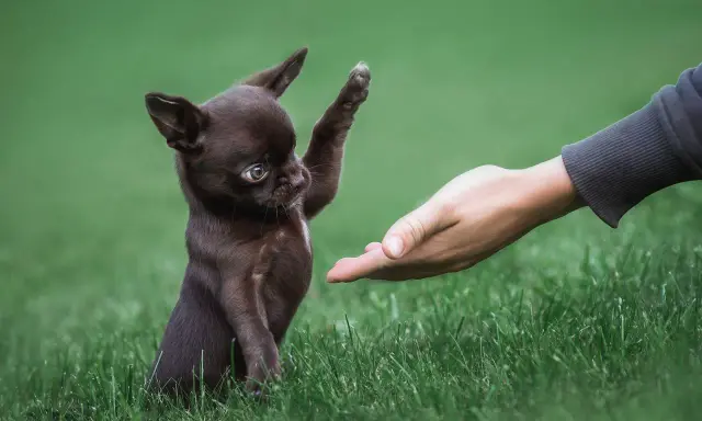 Mały, brązowy chihuahua podaje łapkę wyciągniętej dłoni. Widać, jak wygląda chihuahua – malutki piesek z wielkimi uszami.