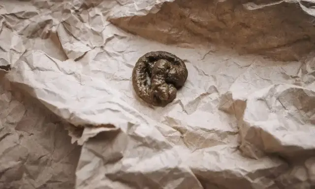 Kupa kota z widoczną krwią w kale. Zmarszczony papier w tle.