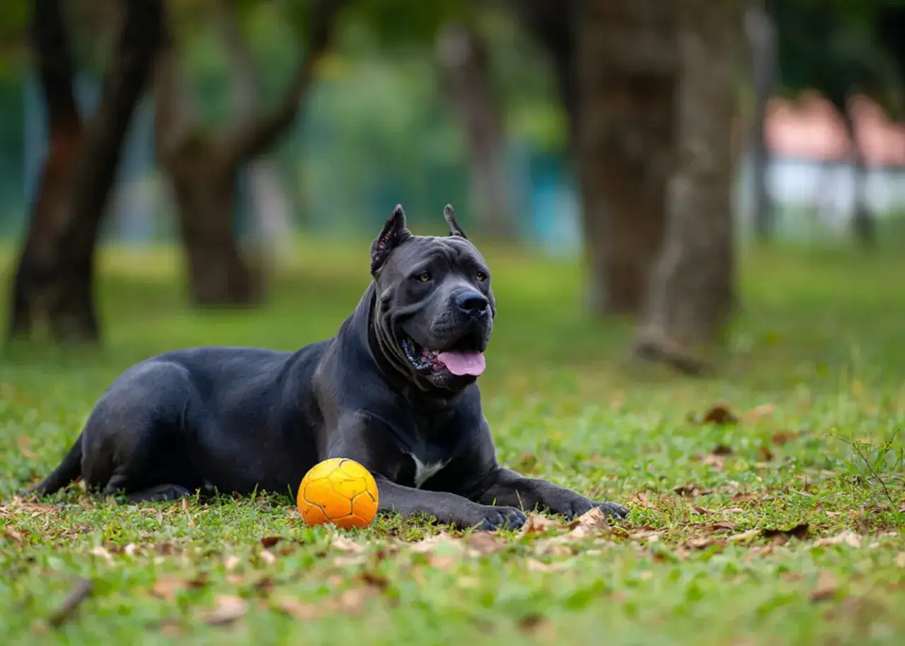 Potężny pies rasy cane corso z charakterystycznymi, lekko stojącymi uszami leży na trawie obok pomarańczowej piłki.