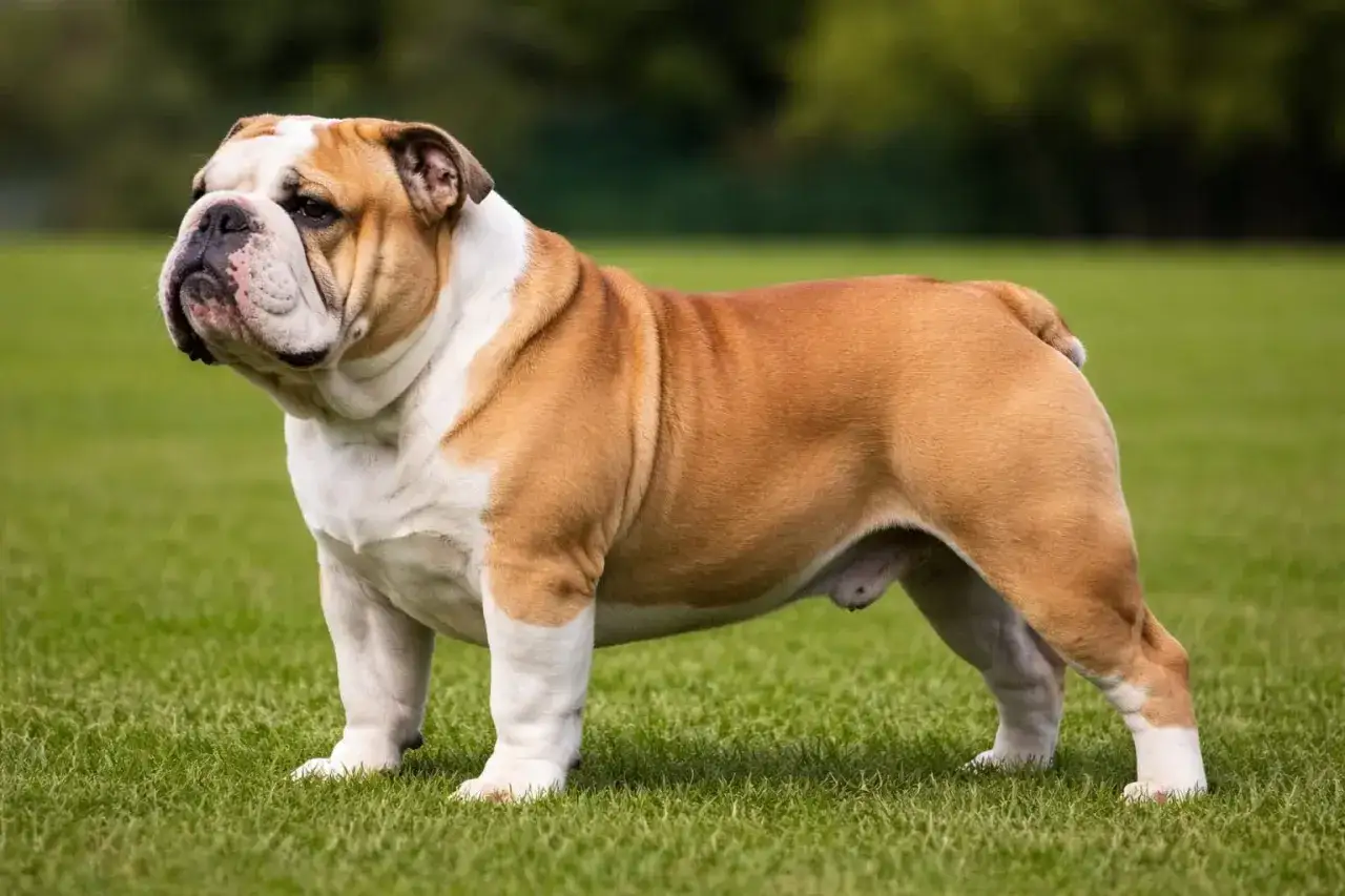 Buldog angielski o charakterystycznej budowie, jego waga jest imponująca. Stoi na trawie, w tle zielone drzewa.