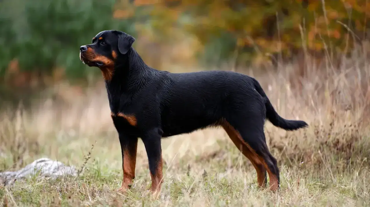 Potężny rottweiler o lśniącej, czarnej sierści z rudymi znaczeniami, stoi na tle jesiennej przyrody.