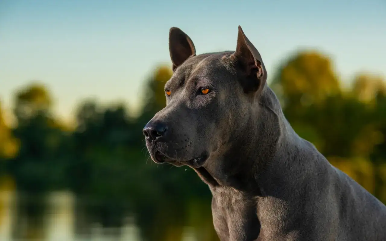 Portret psa rasy thai ridgeback o bursztynowych oczach. Jego charakter to odwaga i lojalność.